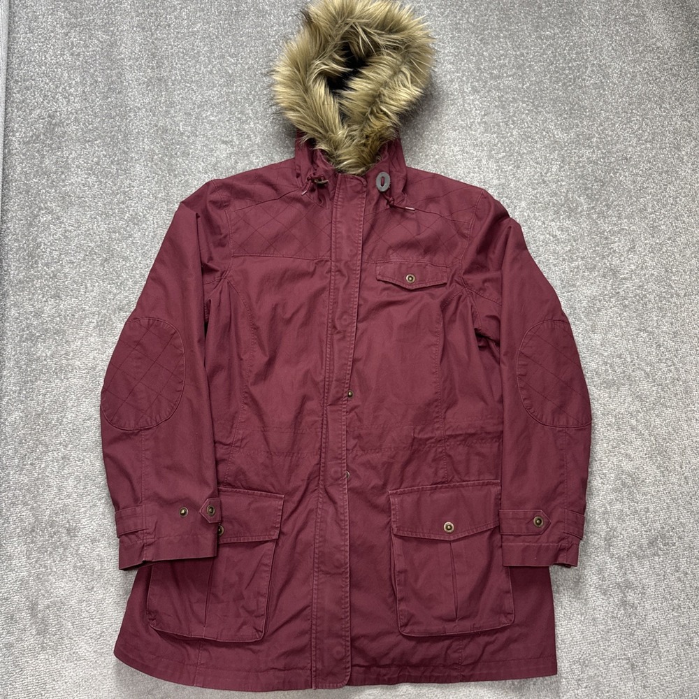 LL Bean Women's XL Parka Coat Quilted Chore Red Burgundy Faux Fur Lined Hood